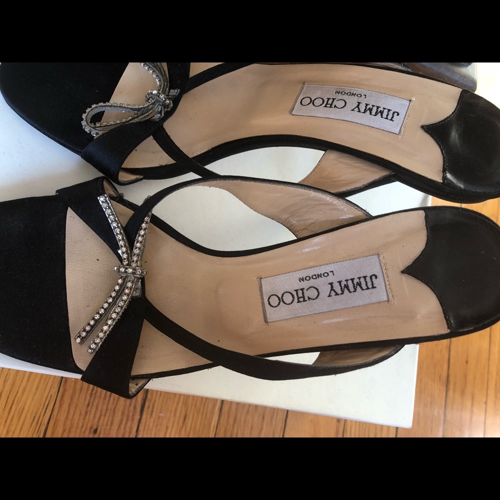 Jimmy Choo black satin mules, rhinestone bow tie